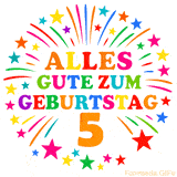 Bunte 'Alles Gute zum Geburtstag' Animation für den 5. Geburtstag mit Sternen und bunten Farben