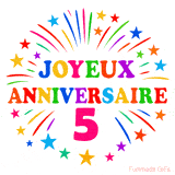 GIF animé joyeux anniversaire 5 ans avec étoiles multicolores et feu d’artifice