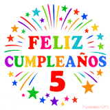 Imagen animada para felicitar los 5 años con letras de colores y diseño festivo.