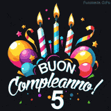 Augura buon compleanno ai 5 anni con questa GIF colorata e festosa: palloncini, stelle e candele per un augurio digitale indimenticabile