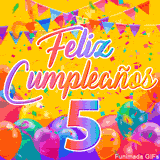 Un GIF animado para un 5º cumpleaños, Muestra el texto 'Feliz Cumpleaños 5' sobre un fondo amarillo vibrante con globos de colores, banderines y una lluvia de confeti.