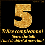 Un GIF animato per un 5° compleanno, Presenta il testo 'Buon Compleanno 5' su uno sfondo giallo vivo con palloncini colorati, festoni e una pioggia di coriandoli.