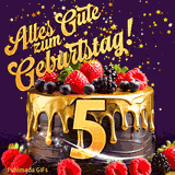 Eine köstlich aussehende animierte Geburtstagskarte für den 5. Geburtstag, dekoriert mit Erdbeeren, Blaubeeren und goldenen Details, Sterne funkeln und fallen, mit 'Alles Gute zum Geburtstag!'-Text.