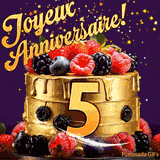 Une animation de célébration d'un gâteau de 5ème anniversaire, Des étoiles dorées tombent du ciel, mettant en valeur le texte 'Joyeux Anniversaire !' et le nombre doré 5 à l'avant du gâteau.