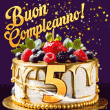 Un GIF animato di una bellissima torta per il 5° compleanno con glassa dorata e frutti di bosco freschi, Il numero dorato 5 è davanti, e stelle cadono su uno sfondo viola scuro.