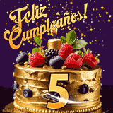 Una animación de celebración de una tarta para el 5º cumpleaños, Estrellas doradas caen del cielo, destacando el texto '¡Feliz Cumpleaños!' y el número dorado 5 en la tarta.