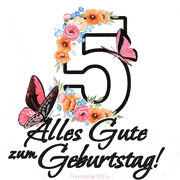 Ein florales GIF zum 5. Geburtstag. Die Zahl '5' ist von animierten Blumen und Schmetterlingen umgeben und bietet eine schöne und fröhliche Art, den Meilenstein zu feiern.