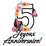 Ce GIF de Joyeux 5ème Anniversaire présente le nombre vingt rempli d'un bouquet vibrant de fleurs animées, avec des papillons qui bougent doucement sur un fond blanc.