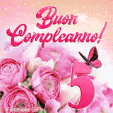 GIF con composizione floreale di rose per i 5 anni, caratterizzata da una farfalla animata, scritte rosa e uno sfondo luminoso ricco di glitter.