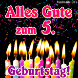 Eine Reihe leuchtender Kerzenflammen unter einem bunten Konfetti-Schauer. In der Mitte gratuliert das Bild herzlich zum 5. Geburtstag des Kindes. Schön.