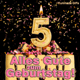 Brennende goldene Ziffer 5 auf einer leckeren Torte mit Schokoladenguss. Rosa und gelbes Konfetti wirbelt herab. Aufschrift: Alles Gute zum Geburtstag! Stolz.