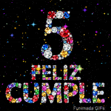 Gráfico donde la cifra 5 y las palabras FELIZ CUMPLE se forman de cristales brillantes de tonos vibrantes sobre fondo negro con puntos de luz.