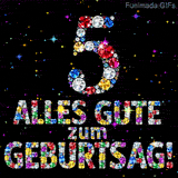 Bunte, glitzernde Steine formen die Ziffer 5 sowie den Text Alles Gute zum Geburtstag auf einem dunklen, von Sternchen erfüllten Hintergrund.