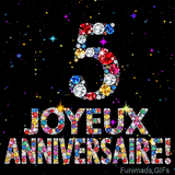 Sur un fond sombre, le chiffre 5 et Joyeux Anniversaire sont formés par des diamants multicolores, accompagnés de petites étoiles scintillantes.
