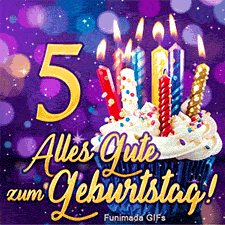 Alles Gute zum Geburtstag!' in goldener Schrift unter einer großen 5. Ein Törtchen mit bunten Kerzen rundet das Bild auf lila Hintergrund ab.