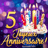 Animation d'anniversaire 5 ans illustrant un cupcake aux bougies illuminées et le chiffre 5 d'or sur fond violet.