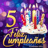 Animación de 5º cumpleaños ilustrando un cupcake con velas iluminadas y el número 5 de oro sobre fondo morado.