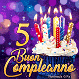 Animazione per il 5° compleanno con un cupcake, candeline illuminate e il numero 5 d'oro su sfondo viola.