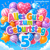 Die blaue Zahl 5 hängt an einem riesigen Strauß aus bunten, gepunkteten und sternförmigen Ballons, die Alles Gute zum Geburtstag am Himmel formen.