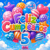 Animación de 5º cumpleaños ilustrando el número 5 azul en primer plano rodeado de un gran ramo de globos de fiesta.