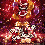 Bunte Ballons Geschenkboxen und Rosen umgeben die goldene Zahl 5 während Alles Gute zum Geburtstag und Konfetti eine lebendige animierte Grußbotschaft bilden