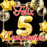 Animación de un GIF con el número 5 en dorado, rodeado de estrellas, burbujas brillantes y la frase 'Feliz cumpleaños' en letras modernas y festivas.