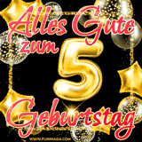 Glänzende goldene Ballons und ein quadratischer Glitzerrahmen: Animiertes GIF zum 5. Geburtstag mit der großen goldenen Zahl 5