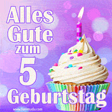 Ein lebendiges Geburtstags-GIF mit einem dekorierten Cupcake, einer Kerze und der Zahl 5 auf einem bunten Hintergrund.