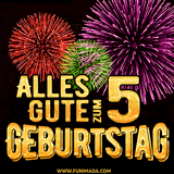 Ein dynamisches animiertes GIF mit buntem Feuerwerk und goldenen Zahlen, die den 5 Geburtstag hervorheben.