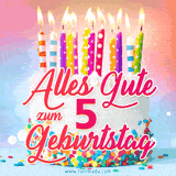 Geburtstags-GIF mit einem weißen Cremekuchen mit bunten Kerzen und Streuseln und den Worten 'Alles Gute zum 5. Geburtstag' in rosafarbenem Zierfisch.