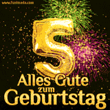 Große goldene Zahlen 5 auf schwarzem Hintergrund, die Worte 'Alles Gute zum Geburtstag' in goldener Schrift und ein spektakuläres Feuerwerk.