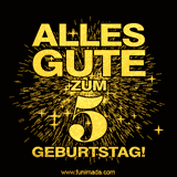 Ein GIF zum5. Geburtstag mit goldener Schrift und Feuerwerk auf schwarzem Hintergrund.