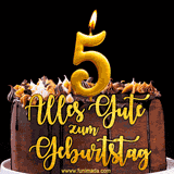 Animiertes GIF mit einer Schokoladen-Geburtstagstorte, großen goldenen Kerzen mit der Zahl 5 und einem dekorativen Text mit der Aufschrift 'Alles Gute zum Geburtstag'.