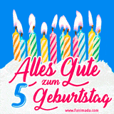 Ein buntes Geburtstags-GIF mit strahlenden Kerzen auf einer festlichen Torte zur Feier des 5.
