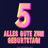 Ein modernes animiertes GIF mit 3D-Text. Der Text im Bild lautet 'Alles Gute zum 5. Geburtstag!'