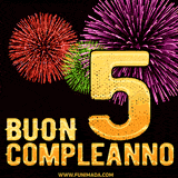 Animazione di fuochi d'artificio colorati con il numero 5 in oro brillante e la scritta 'Buon Compleanno' su uno sfondo nero festivo ed elegante.