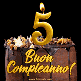 GIF animato con una torta al cioccolato decorata con crema, dettagli dorati e due candele accese che formano il numero 5. Messaggio 'Buon Compleanno' in scritta elegante.