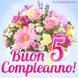 Bouquet animato con rose rosa, margherite e altri fiori colorati, con il numero 5 e la scritta 'Buon Compleanno!' in stile elegante e luminoso.