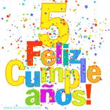 GIF festivo lleno de confeti de colores, el número 5 grande en amarillo y la frase 'Feliz cumpleaños' en letras multicolores y brillantes.
