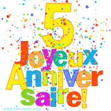 GIF animé pour un 5e anniversaire avec le chiffre 5 en couleurs vives, le texte 'Joyeux Anniversaire!' et une explosion de confettis multicolores.