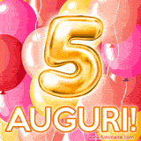 Bouquet animato di palloncini multicolori che emergono da una scatola regalo, con il numero 5 e la scritta 'Tanti Auguri!' su uno sfondo pieno di coriandoli.