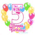 Colorful heart-shaped balloons frame GIF for a 5th birthday celebration