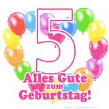 Ein verspieltes animiertes Geburtstags-GIF mit bunten Ballons in Herzform und der Zahl 5.
