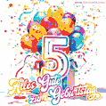 Animiertes Konfetti, mehrfarbige Luftballons und eine Geschenkbox in einem fröhlichen GIF zum 5. Geburtstag