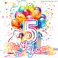 Ein lebendiges Geburtstags-GIF mit bunten Ballons, animiertem Konfetti, der Zahl 5 und den Worten 'Alles Gute zum Geburtstag' in dekorativer Schriftart.