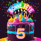 GIF animé pour un 5e anniversaire avec un gâteau au chocolat recouvert de glaçage arc-en-ciel, des bougies allumées, et le texte 'Bonne Fête' sur un fond étoilé et festif.