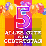 Große Zahl 35 in Umrissschrift, die Worte 'Alles Gute zum 5. Geburtstag', mehrfarbige animierte Ballons und lebendiger Hintergrund.