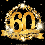 Il numero 60 è circondato da un anello dorato brillante, accompagnato da un nastro elegante con la scritta 'Buon Compleanno!' su uno sfondo scuro.