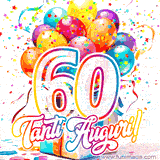 Animazione con palloncini colorati e scintillanti, accompagnata dal numero 60 in caratteri grandi e luminosi, e la scritta 'Tanti Auguri!' in stile vivace.