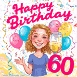 An animated birthday GIF featuring a smiling cartoon woman holding a glass of wine. Text reads 'Happy Birthday 60' surrounded by colorful balloons and confetti.